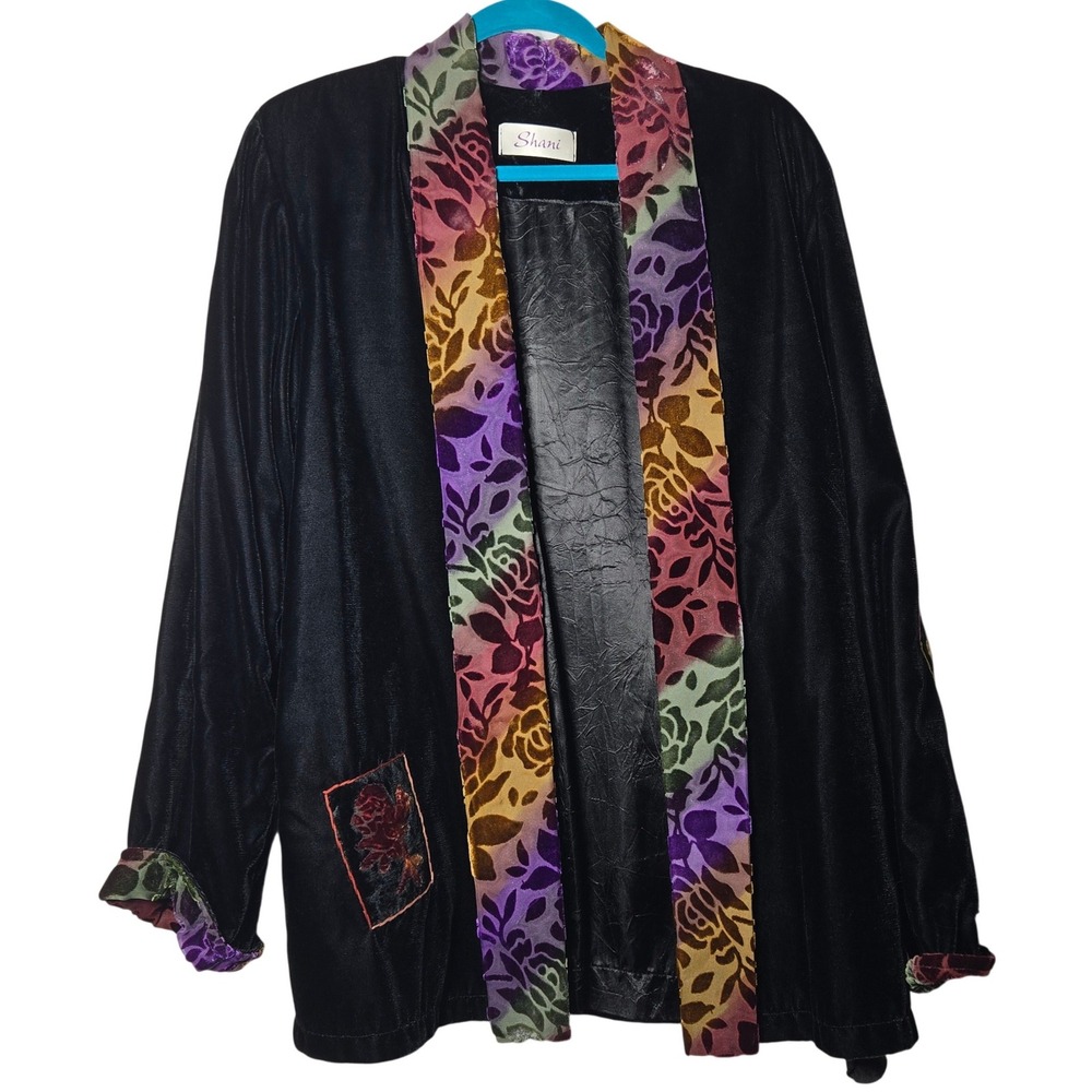 Shani Black Velvet Open Front Kimono Jacket 2X Floral Burnout Patchwork Art Boho